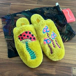 FARM Rio Mushroom Mismatched Faux Fur Slippers in Yellow